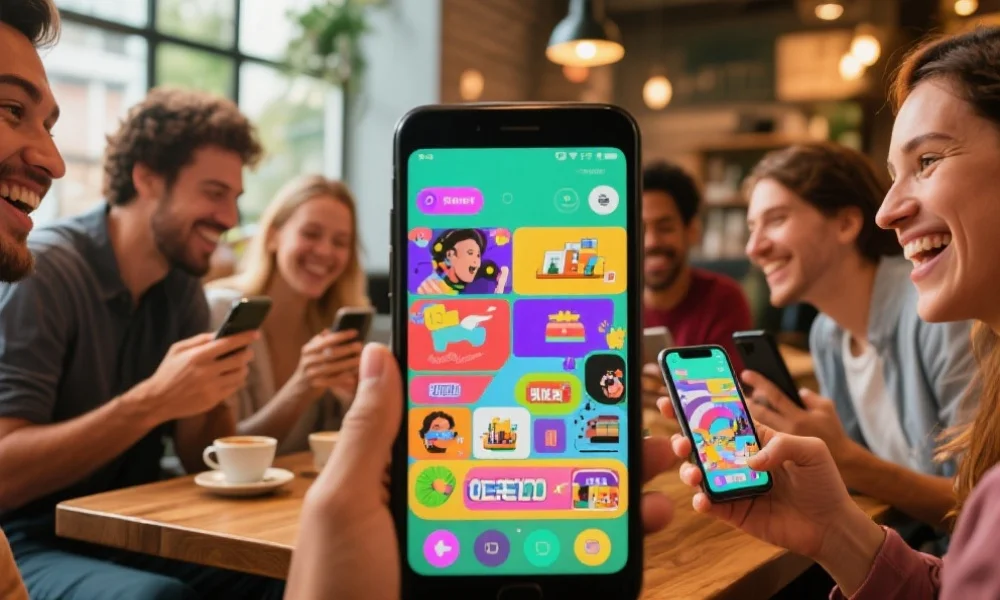 多位用户在咖啡馆环境中用手机愉快交流，屏幕映出丰富多彩的娱乐元素